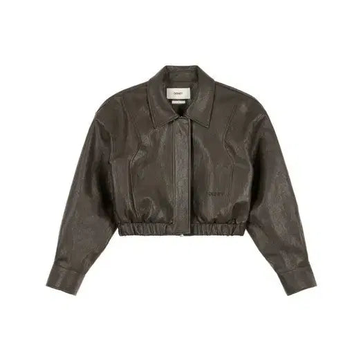 [BUNJANG] Dainet Dark Brown Faux-Leather Banded Bomber Jumper Jacket / 다이닛 레더자켓 새상품 택있음
