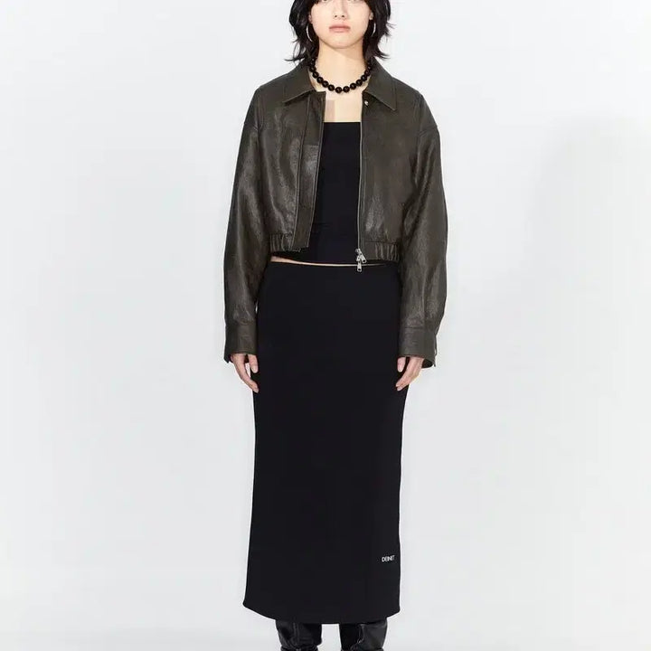 [BUNJANG] Dainet Dark Brown Faux-Leather Banded Bomber Jumper Jacket / 다이닛 레더자켓 새상품 택있음