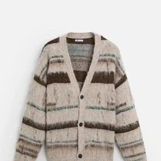 [BUNJANG] Zara Textured Stripe Distressed Cardigan L-XL (Cream) / 자라 텍스처 스트라이프 디스트로이드 가디건 L-XL (크림)