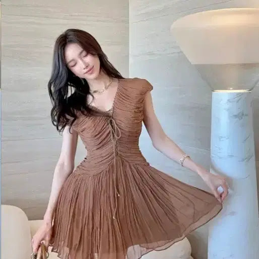 [BUNJANG] JIPPOREM Shirring Detail Mini Dress - Brown / 수입 지뽀렘원피스