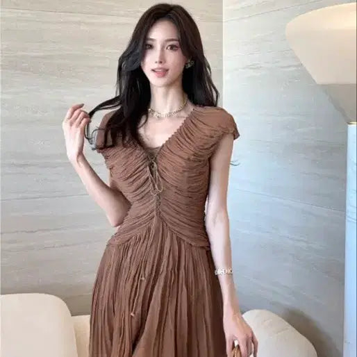 [BUNJANG] JIPPOREM Shirring Detail Mini Dress - Brown / 수입 지뽀렘원피스
