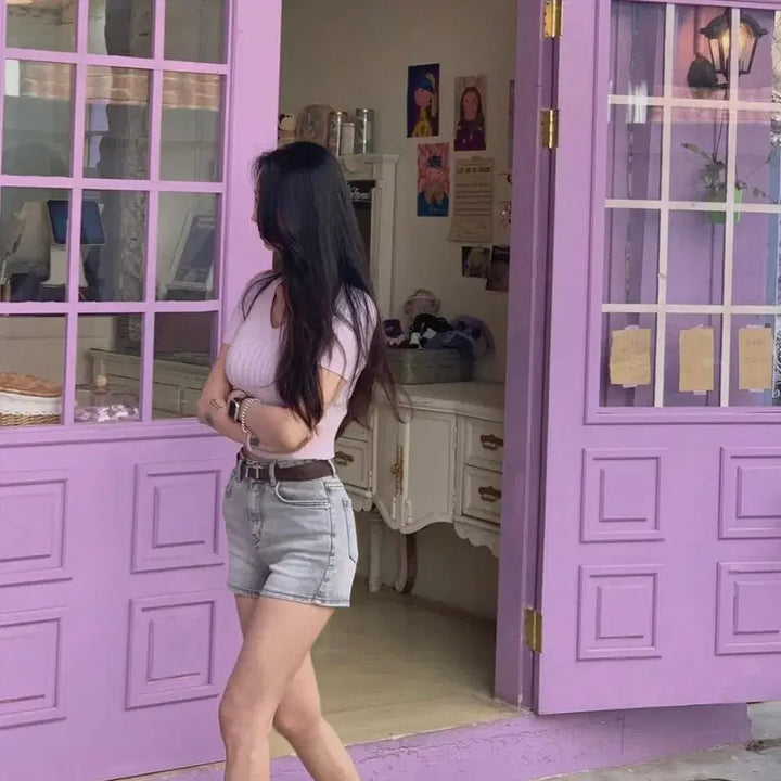 [BUNJANG] Faye Jade V-neck Ribbed Knit Short Sleeve Top Lavender / 페일제이드 브이넥 리브드 골지 반팔 니트 라벤더