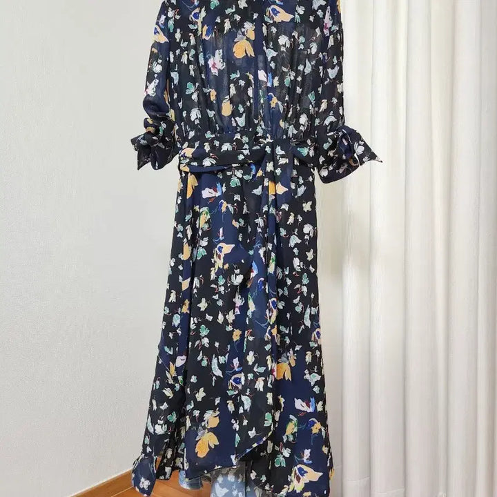 [BUNJANG] TIME Floral Pattern Belted Long Dress / [한섬 정품] 타임(TIME) 쉬폰 플라워 패턴 벨티드 롱 원피스
