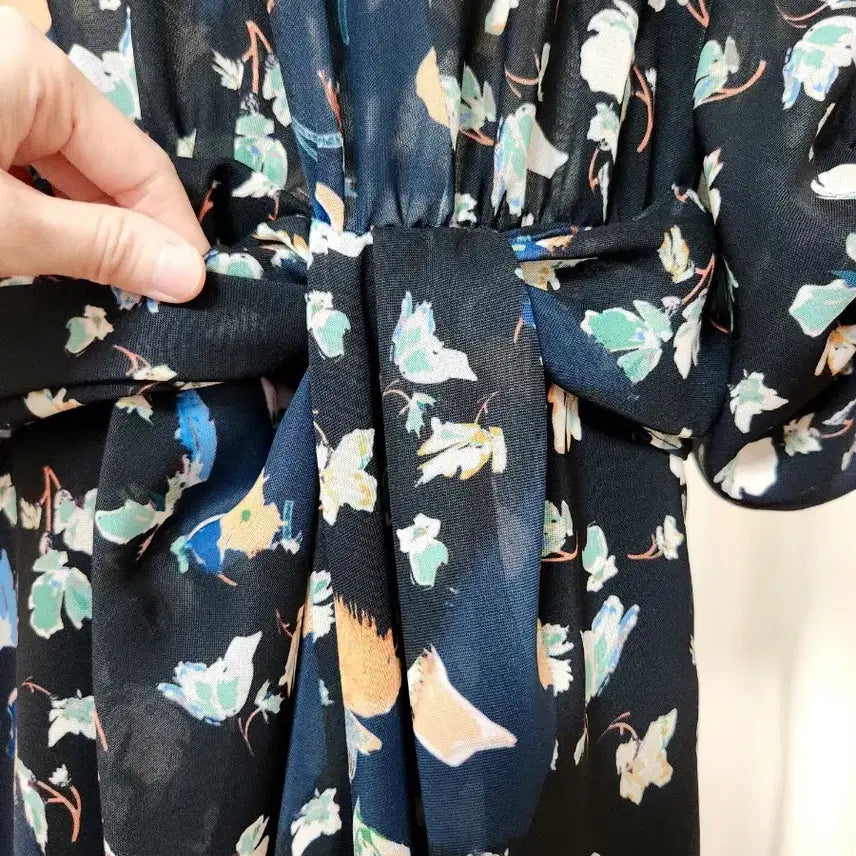[BUNJANG] TIME Floral Pattern Belted Long Dress / [한섬 정품] 타임(TIME) 쉬폰 플라워 패턴 벨티드 롱 원피스
