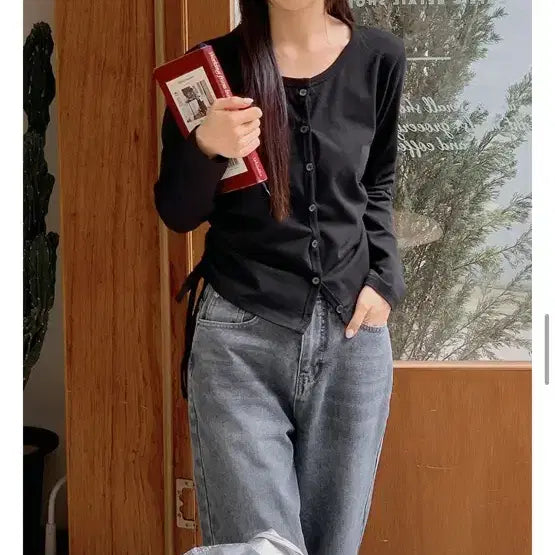 [BUNJANG] Rirancof Ringben String Round Neck Shirring Cardigan T-shirt / 리리앤코프링벤 스트링 라운드넥 셔링 가디건 티셔츠