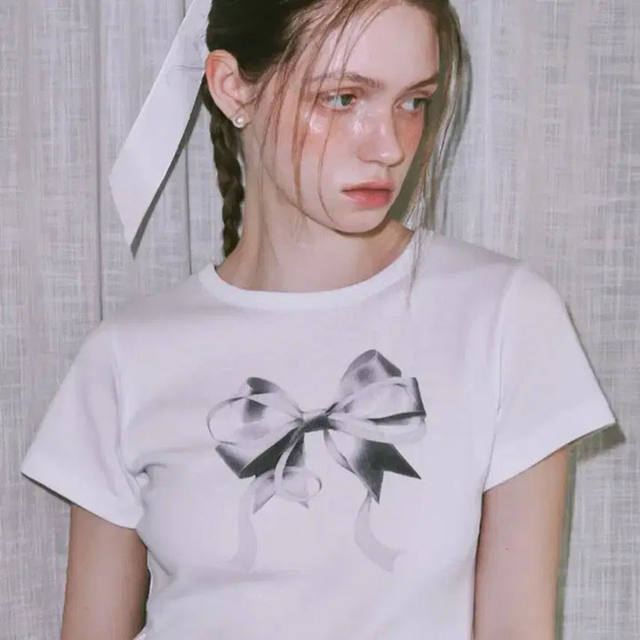 [BUNJANG] Ronron Double Ribbon Short-Sleeve T-Shirt - Grey / 론론 더블 리본 반팔티 그레이