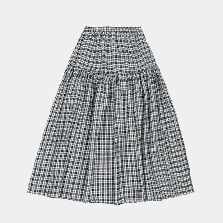 [BUNJANG] Kim Ahop Avigle Check Frill Long Skirt (Navy) / 김아홉 에이비글 체크 프릴 롱 스커트 (네이비)