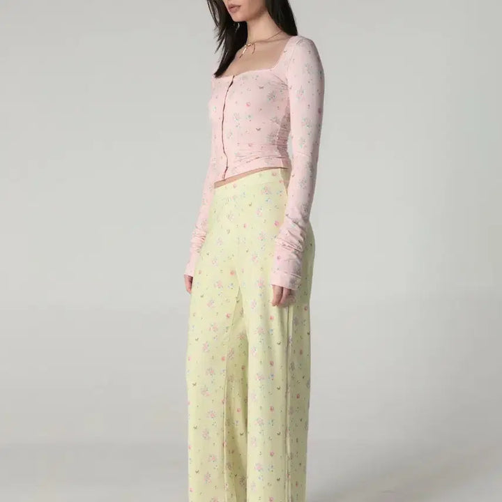 [BUNJANG] Glowny Twill Flare Pants Lime Bouquet / 글로니 트윌 플레어 팬츠 라임부케 바지