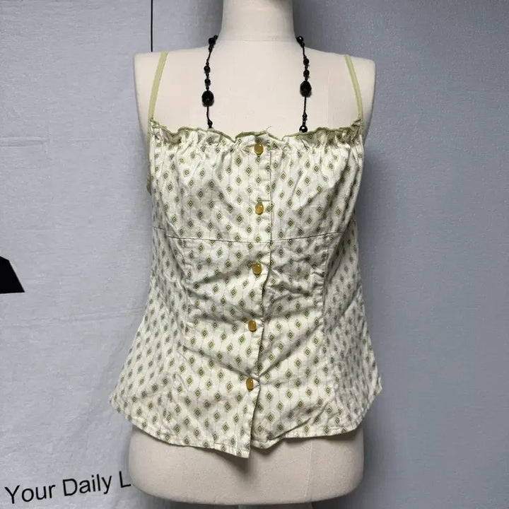 [BUNJANG] European Vintage Sleeveless Vest Top with Frills / 유럽빈티지 뷔스티에 빈티지 나시 연두색 그린 민소매 모리걸 프릴 레이어드