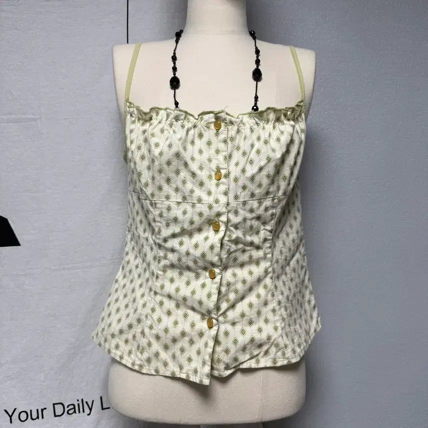 [BUNJANG] European Vintage Sleeveless Vest Top with Frills / 유럽빈티지 뷔스티에 빈티지 나시 연두색 그린 민소매 모리걸 프릴 레이어드