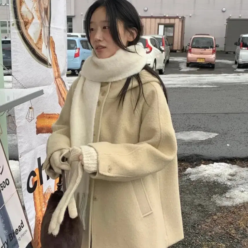 [BUNJANG] Jinsim Froa Alpaca Half Coat Hoodie / 진심(jinsim)프루아 후드 알파카 하프코트