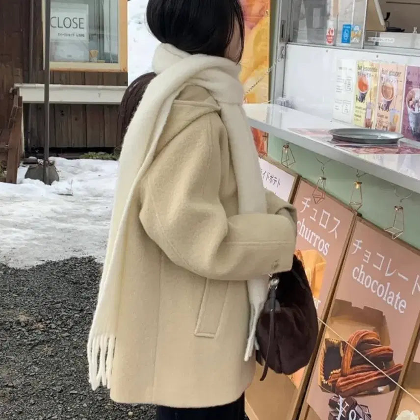[BUNJANG] Jinsim Froa Alpaca Half Coat Hoodie / 진심(jinsim)프루아 후드 알파카 하프코트