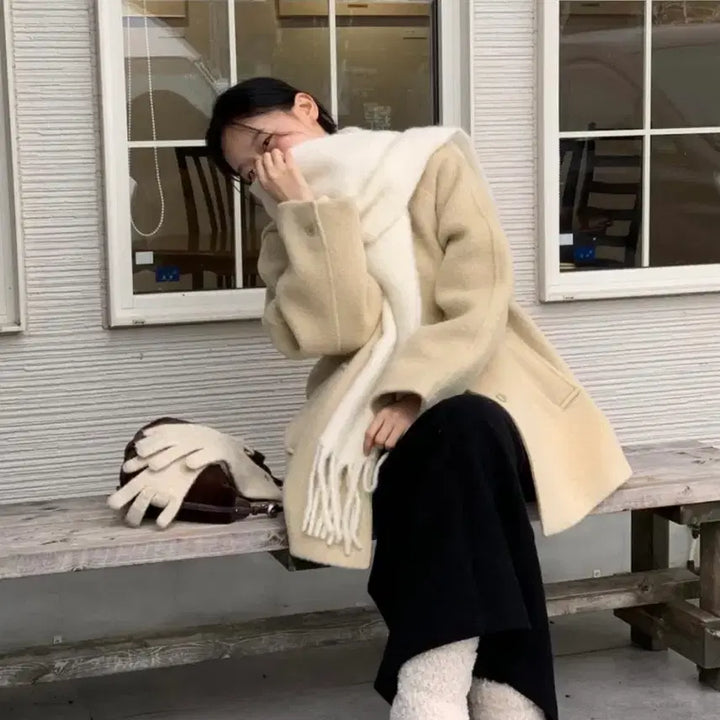 [BUNJANG] Jinsim Froa Alpaca Half Coat Hoodie / 진심(jinsim)프루아 후드 알파카 하프코트