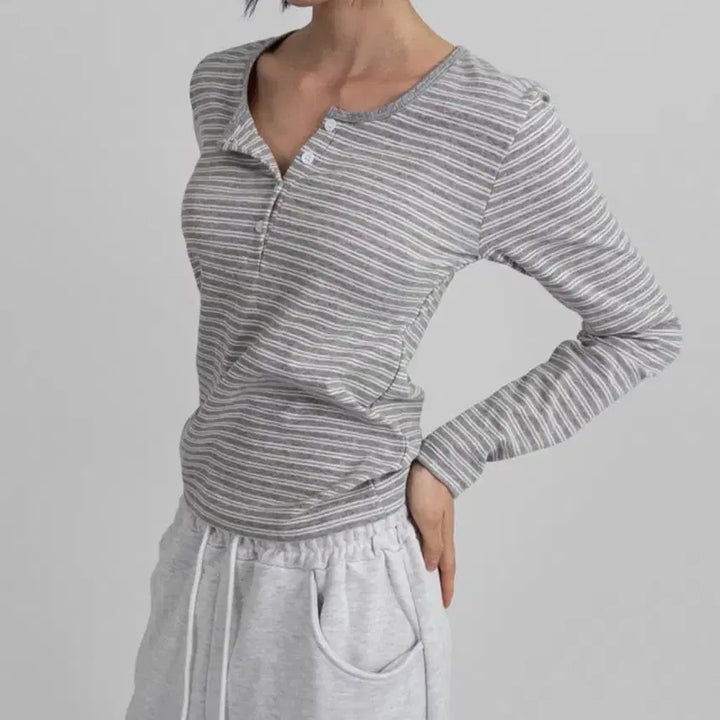 [BUNJANG] 98DOCI Stripe Henley Neck Long Sleeve T-Shirt / 스트라이프 헨리넥 롱슬리브 긴팔 티셔츠 스탠에스티 98도씨 라룸