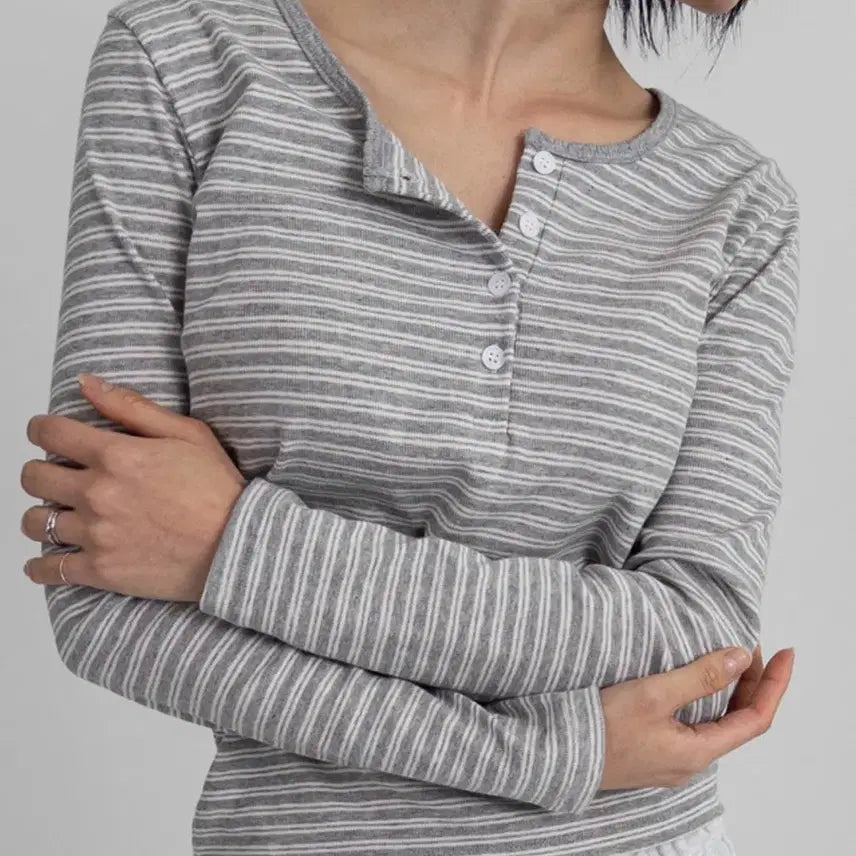 [BUNJANG] 98DOCI Stripe Henley Neck Long Sleeve T-Shirt / 스트라이프 헨리넥 롱슬리브 긴팔 티셔츠 스탠에스티 98도씨 라룸