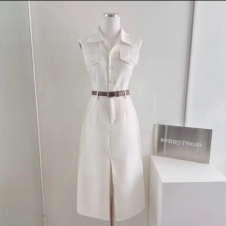 [BUNJANG] Sleeveless Collar Long Dress with Belt / 나시 셔츠 벨트 롱원피스