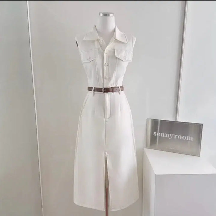[BUNJANG] Sleeveless Collar Long Dress with Belt / 나시 셔츠 벨트 롱원피스