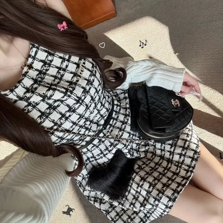[BUNJANG] Lumignon Tweed Pocket Fur Mini Dress Black / lumignon 루미뇽 트위드 포켓 퍼 원피스 블랙
