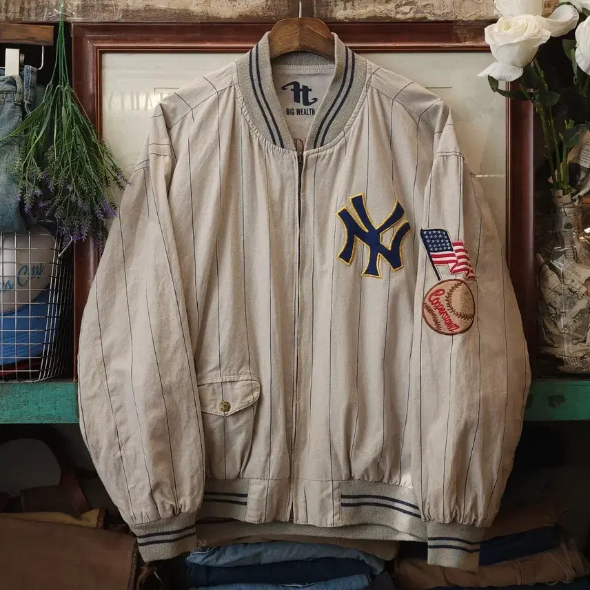 [BUNJANG] 90s New York Yankees Reversible Pinstripe Letterman Jacket M / 90s 뉴욕 양키스 레터맨 자켓 리버시블 핀스트라이프 집업 자켓 m