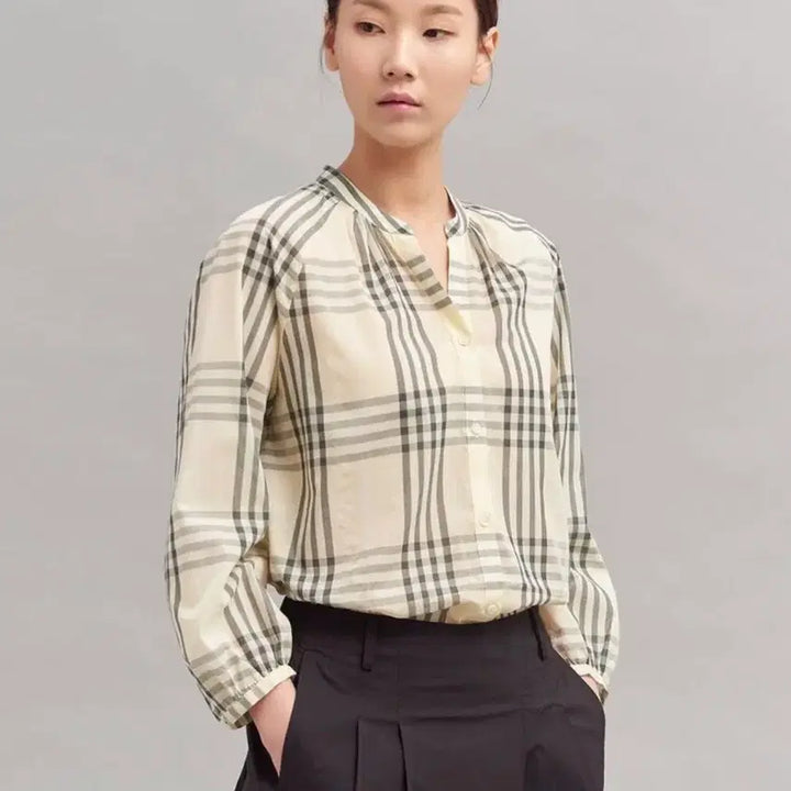 [BUNJANG] Beanpole Beige Asan Cotton Check Volume Shirt / 빈폴 베이지 아사코튼 체크 볼륨 여성 셔츠 90