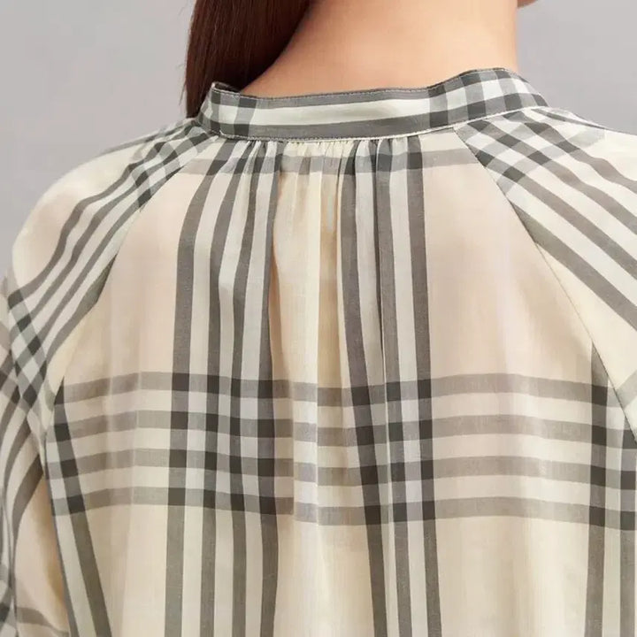 [BUNJANG] Beanpole Beige Asan Cotton Check Volume Shirt / 빈폴 베이지 아사코튼 체크 볼륨 여성 셔츠 90