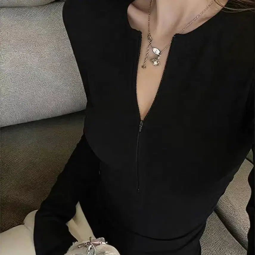 [BUNJANG] Black Slim Fit Zipper Long Sleeve T-Shirt / 블랙 슬림핏 지퍼 긴팔 티셔츠