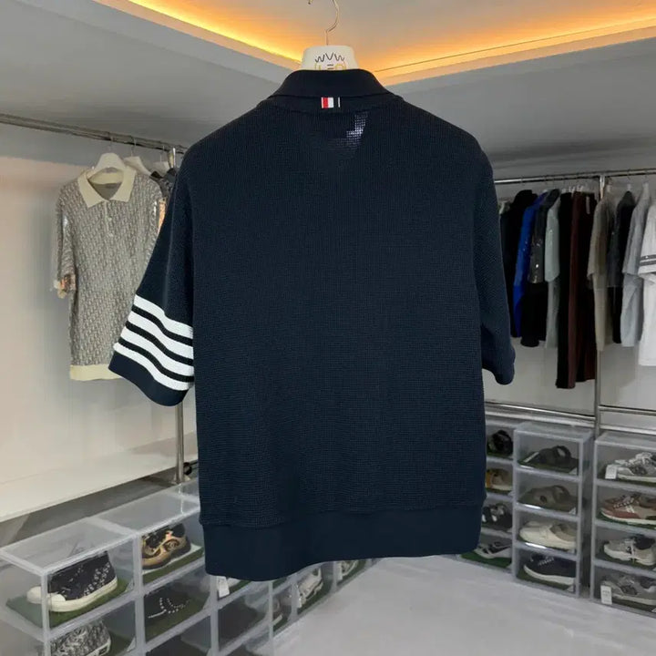 [BUNJANG] Thom Browne Waffle Diagonal Armband Lip Cuff Polo T-Shirt / [리오브] 톰브라운 와플 사선 완장 립 커프 폴로 카라티셔츠