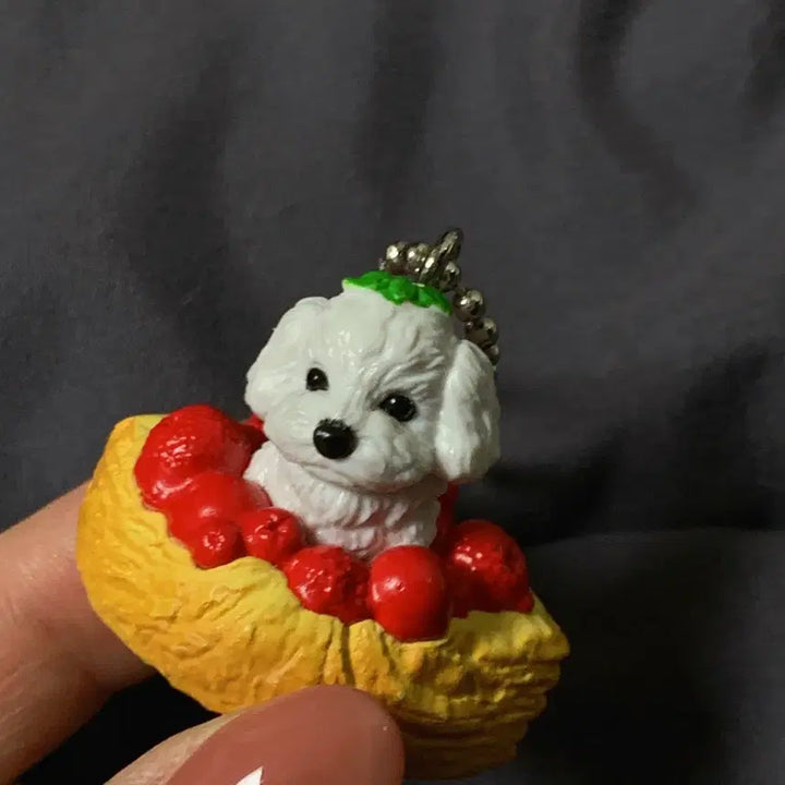 [BUNJANG] Vintage Gachapon Maltese Strawberry Cake Figure Keychain / 일본 고전 빈티지 가챠 말티즈 딸기 케이크 피규어 키링