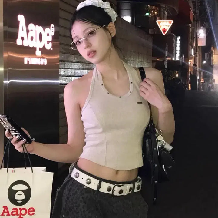 [BUNJANG] Damage Stud Halter Top - Khaki Point, Beige / 카키포인트 Damage Stud Halter Top 홀터 탑 베이지