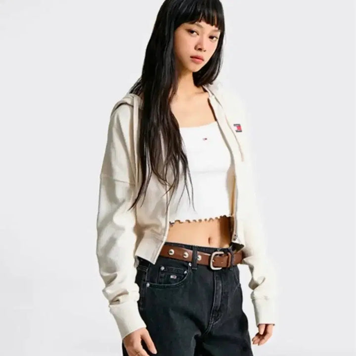 [BUNJANG] Tommy Jeans Cropped Hoodie Zip-Up Oatmeal / 타미진스 크롭 후드집업