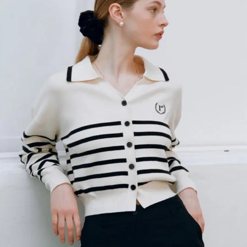 [BUNJANG] Rolleralola Ivory Stripe Collar Knit Cardigan / 로라로라 아이보리 스트라이프 카라 니트 가디건