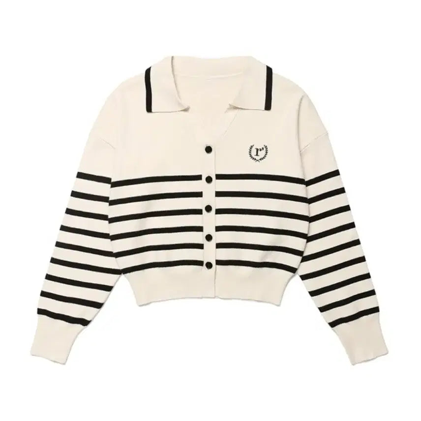 [BUNJANG] Rolleralola Ivory Stripe Collar Knit Cardigan / 로라로라 아이보리 스트라이프 카라 니트 가디건