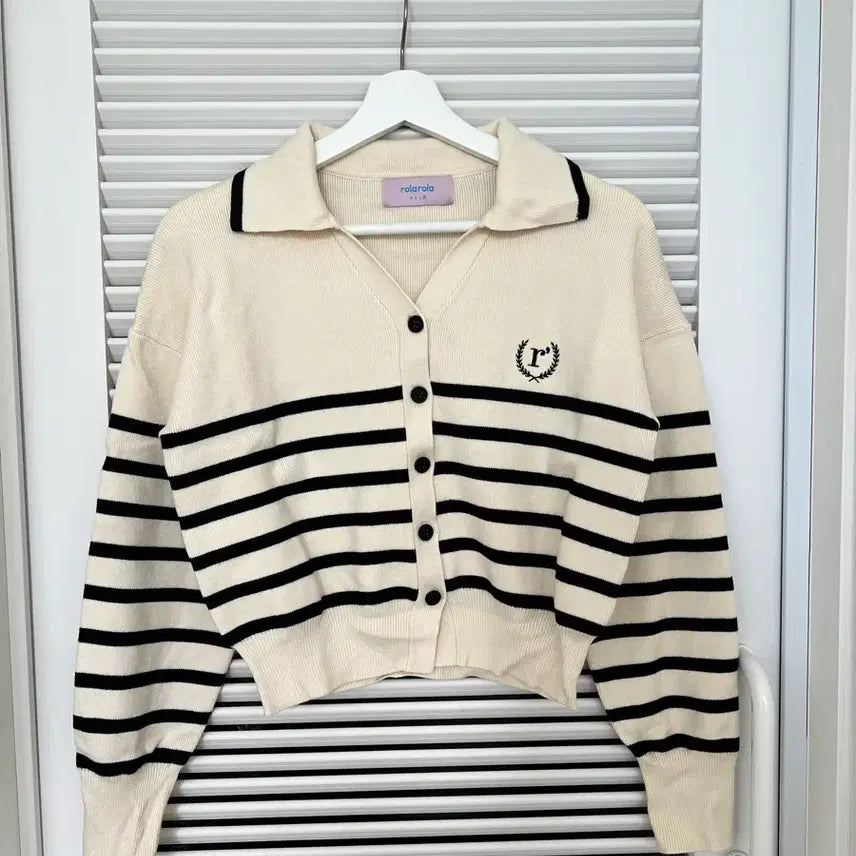 [BUNJANG] Rolleralola Ivory Stripe Collar Knit Cardigan / 로라로라 아이보리 스트라이프 카라 니트 가디건