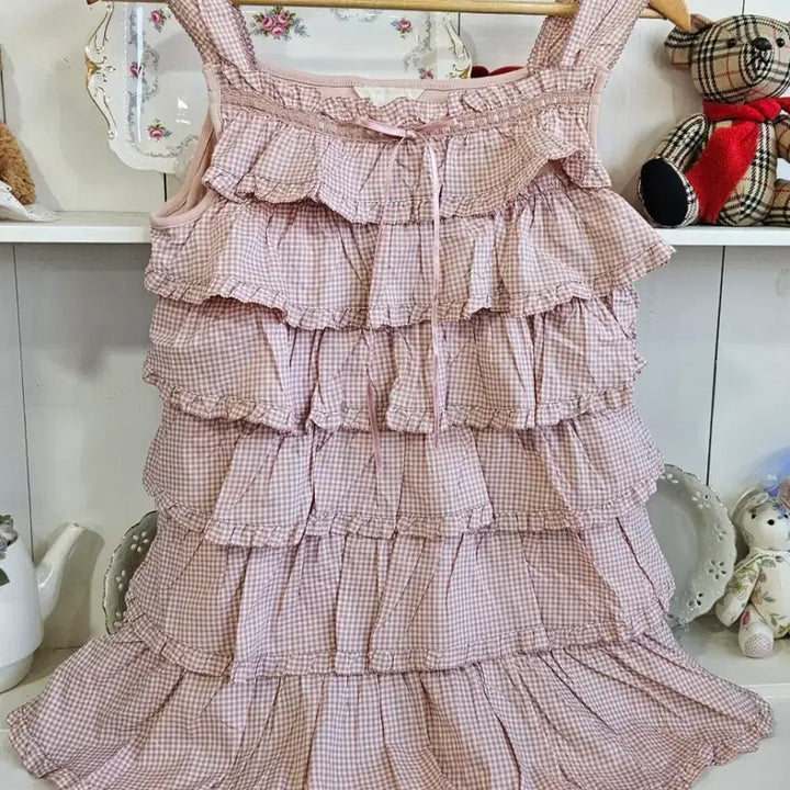 [BUNJANG] PINK HOUSE Baby Pink Gingham Ruffle Tunic / (PINK HOUSE) 베이비핑크 깅엄 캉캉 튜닉