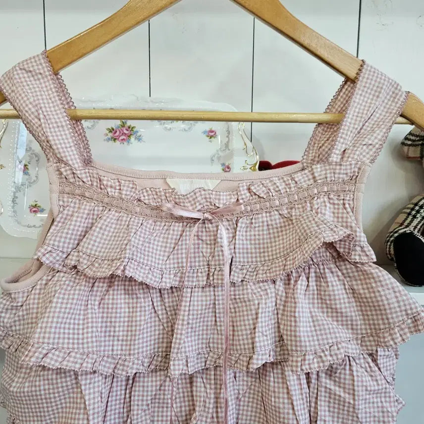 [BUNJANG] PINK HOUSE Baby Pink Gingham Ruffle Tunic / (PINK HOUSE) 베이비핑크 깅엄 캉캉 튜닉