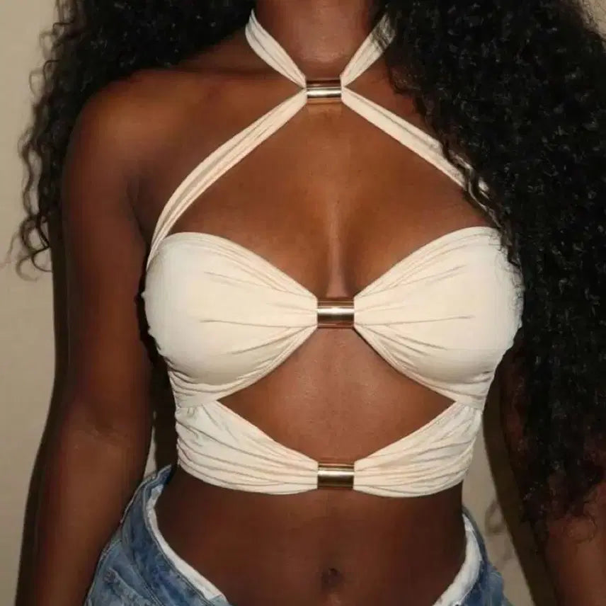 [BUNJANG] Ivory Halterneck Crop Top with Gold Ring Detail / 아이보리 홀터넥 크롭탑