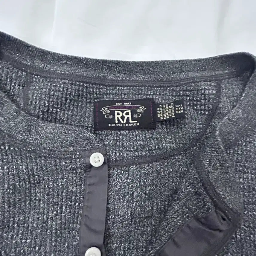 [BUNJANG] RRL Henley Waffle Long Sleeve T-Shirt Black Grey XXL / RRL 헨리넥 와플 티셔츠 롱슬리브 긴팔티 블랙 그레이 XXL