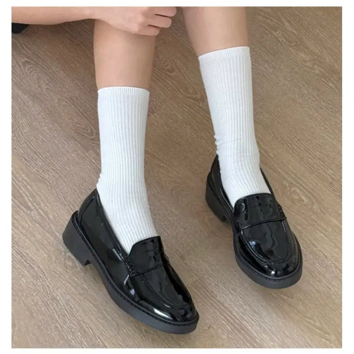[BUNJANG] Black Patent Leather Platform Loafers (245) / 블랙 에나멜 로퍼 통굽 슈즈 245