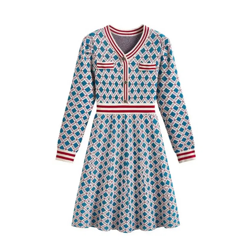 [BUNJANG] Glitter Knit Dress Midi Length / [티뷰] 블루 다이아몬드 배색 글리터 원피스