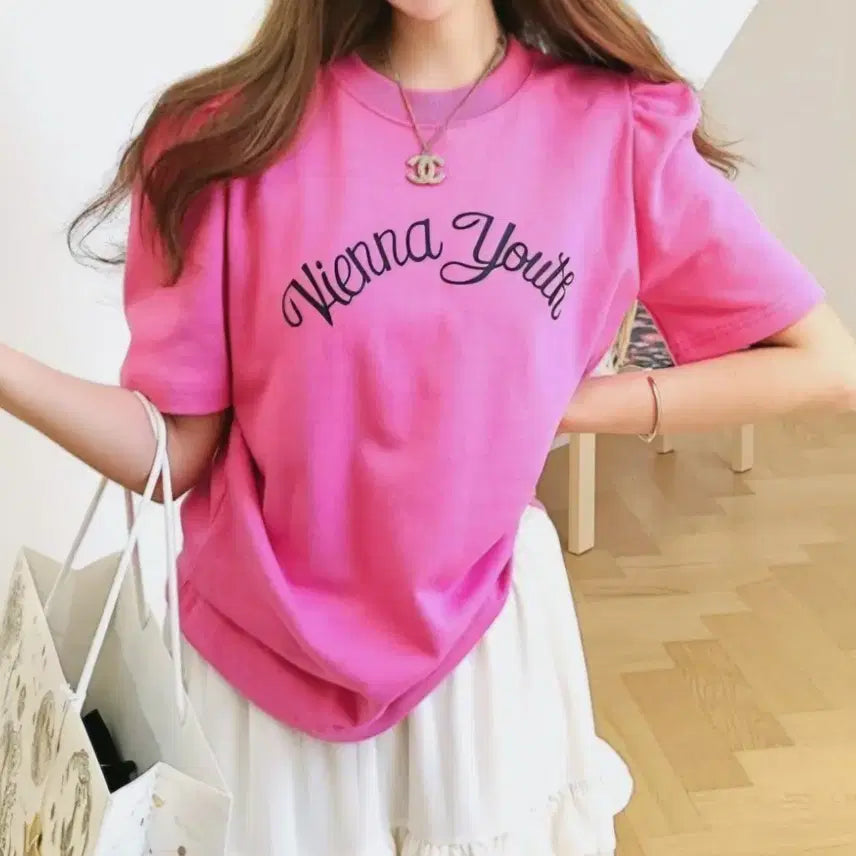 [BUNJANG] Pink Puff Sleeve Cotton T-Shirt / 새상품 핑크 퍼프 면티셔츠