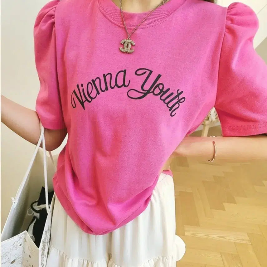 [BUNJANG] Pink Puff Sleeve Cotton T-Shirt / 새상품 핑크 퍼프 면티셔츠
