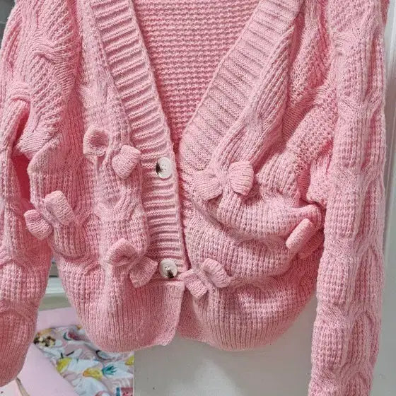 [BUNJANG] Ribbon Detail Pink Knit Cardigan / 리본 장식 핑크 니트 가디건