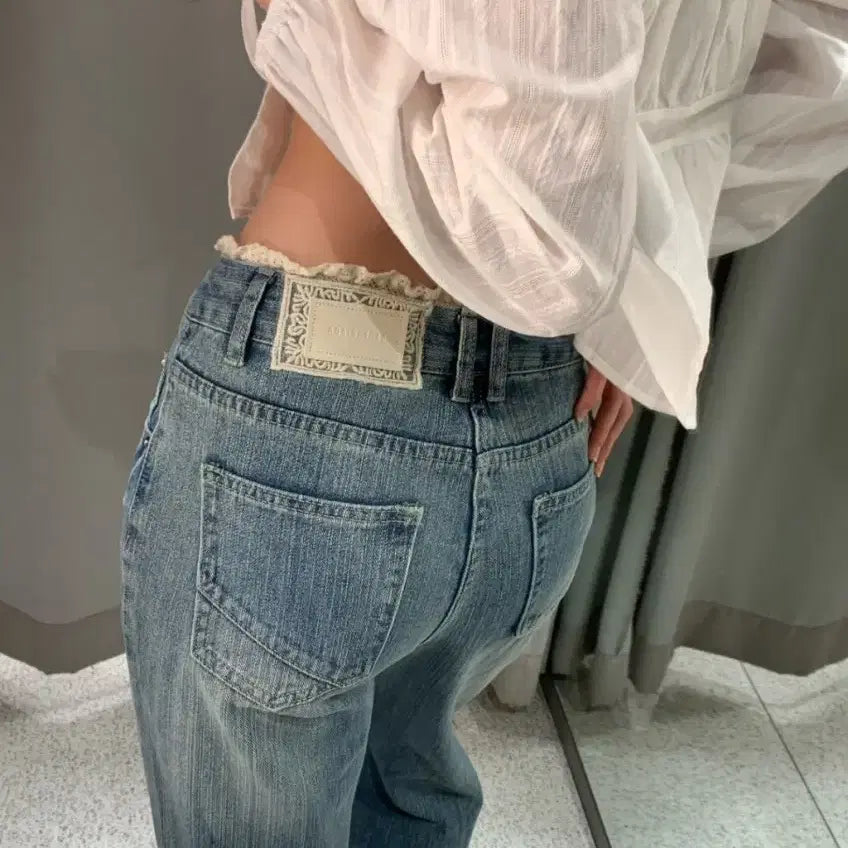 [BUNJANG] Belle Jjud Lace Denim Pants / 벨르주드 레이스 데님