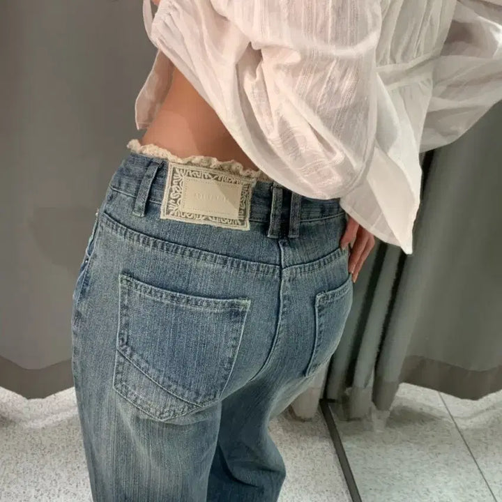 [BUNJANG] Belle Jjud Lace Denim Pants / 벨르주드 레이스 데님