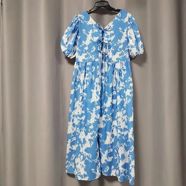 [BUNJANG] Pattern Puff Sleeve Tie-Back Dress / 뒷묶음 패턴 퍼프 원피스
