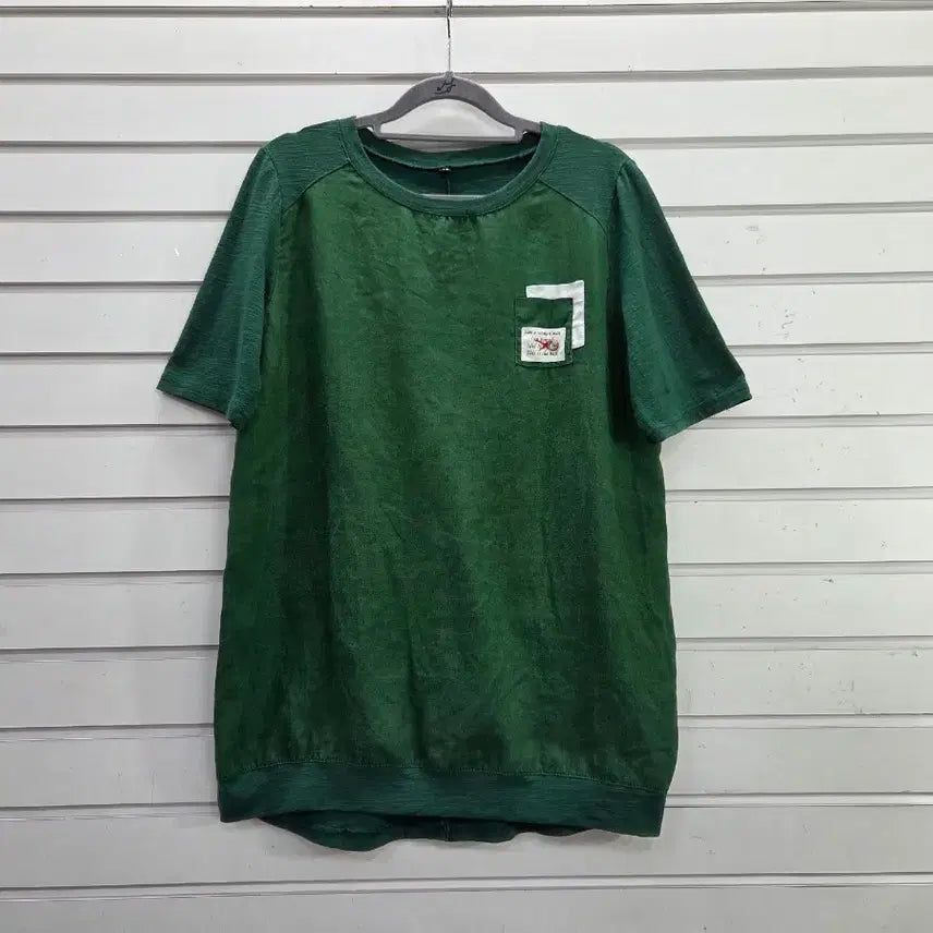 [BUNJANG] Green Color-Block Round Neck T-Shirt - Size 77 / 그린 마원단배색 라운드티77/보물찾기천사