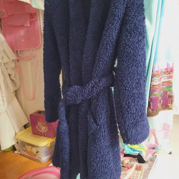 [BUNJANG] Navy Fleece Robe Gown / 네이비 뽀글이 털 로브 가운