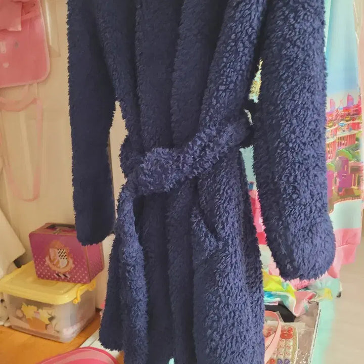 [BUNJANG] Navy Fleece Robe Gown / 네이비 뽀글이 털 로브 가운