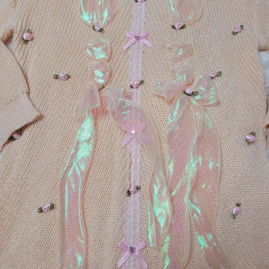 [BUNJANG] Pink Ribbon Knit Cardigan / 핑크 리본 장식 니트 가디건