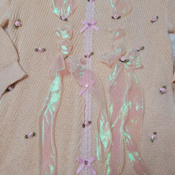 [BUNJANG] Pink Ribbon Knit Cardigan / 핑크 리본 장식 니트 가디건